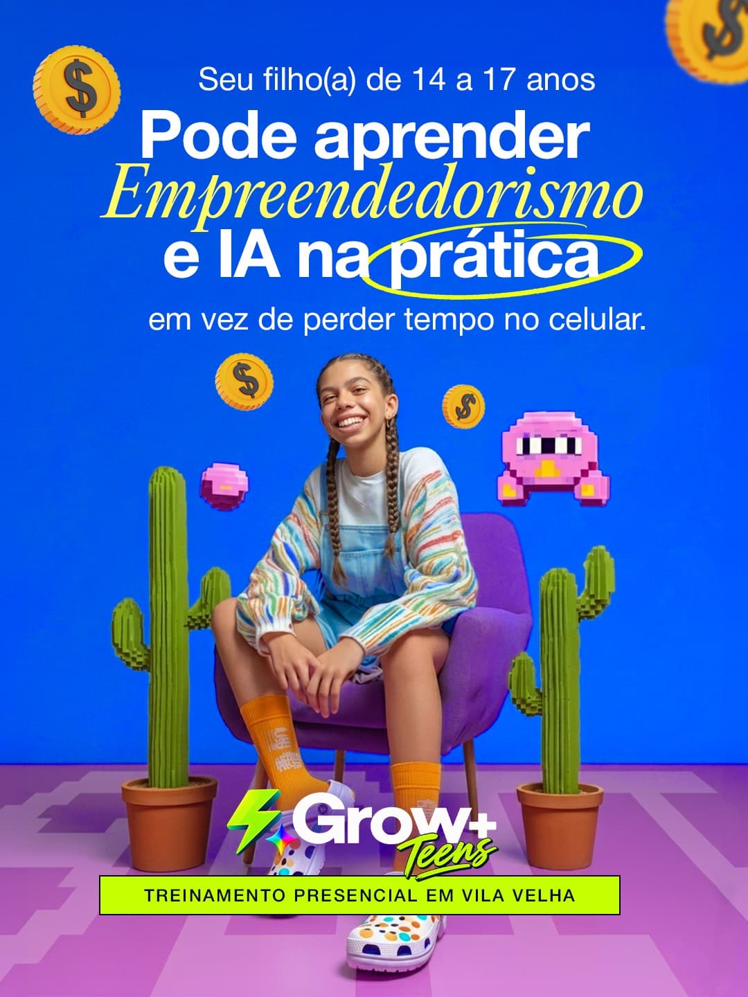 Estudante sorridente sentada numa poltrona, na arte do Grow+ Teens