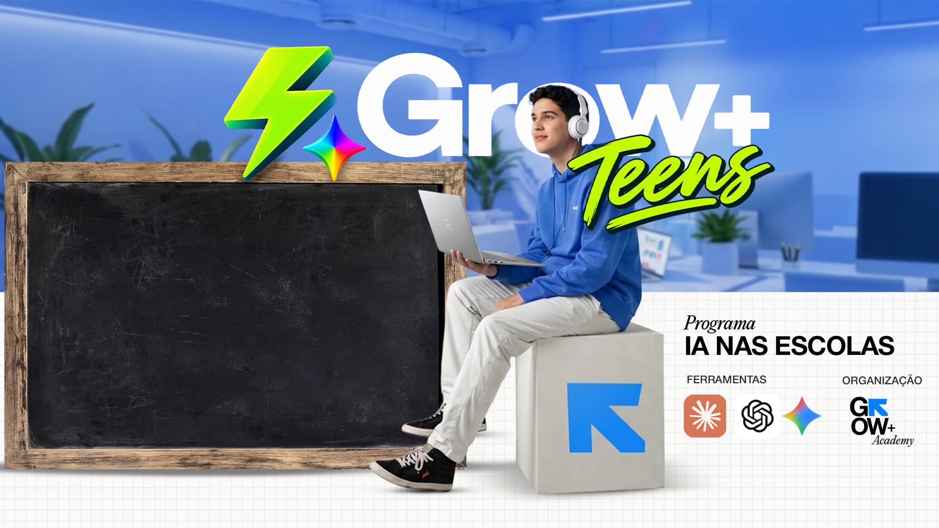 Estudante com notebook e fones de ouvido ao lado de uma lousa, na arte do Programa IA nas Escolas da Grow+ Academy